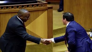 Leaders of GNU parties - President Cyril Ramaphosa shakes hands with the DA's John Steenhuisen.