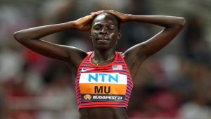 Bronze medallist Athing Mu of the US reacts after the World Athletics Championship Women's 800m Final in Budapest, Hungary on August 27, 2023.