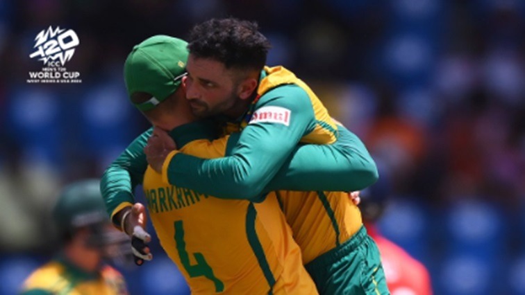 Proteas team members celebrate during a T20 World Cup clash against England.