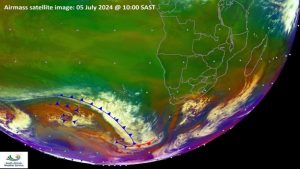 Satellite image indicating the cold front to the west of South Africa.